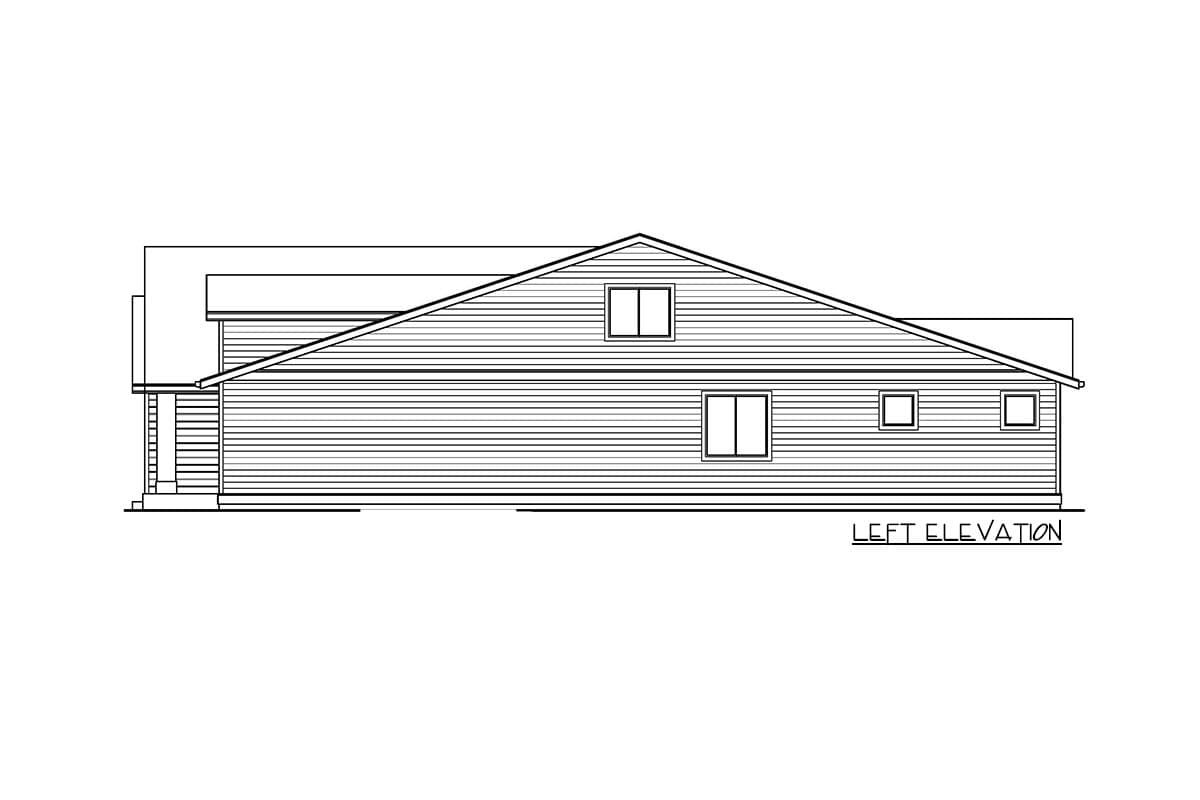 Left elevation drawing of a house plan featuring horizontal siding, a prominent gable, and multiple windows.