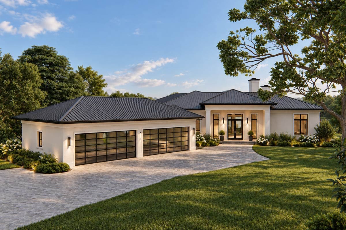 House plan exterior. Single-story modern home with a dark metal roof, attached three-car garage with frosted glass doors, and a centered entryway.