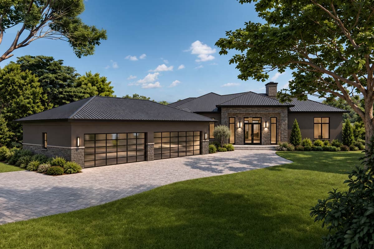 Modern house plan exterior with a metal roof, attached two-car garage with glass doors, and a covered entryway.