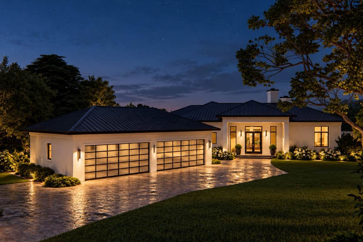 Modern house plan exterior, two stories, with multiple balconies, large windows, stepped terraces, and infinity pool.