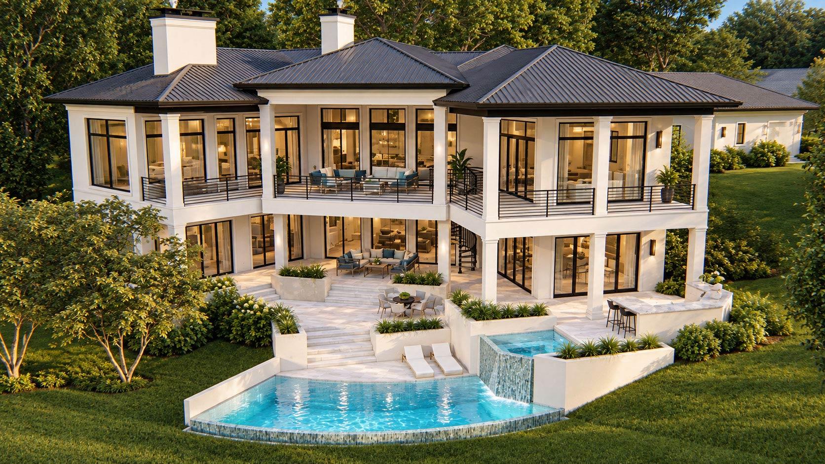 Modern house plan exterior with multiple levels, balconies, large windows, outdoor seating, and a pool.
