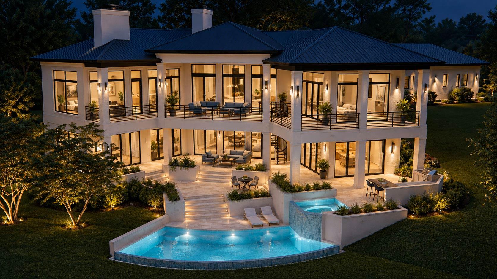 House plan exterior: Modern multi-story home with balconies, large windows, a pool, and waterfall feature.
