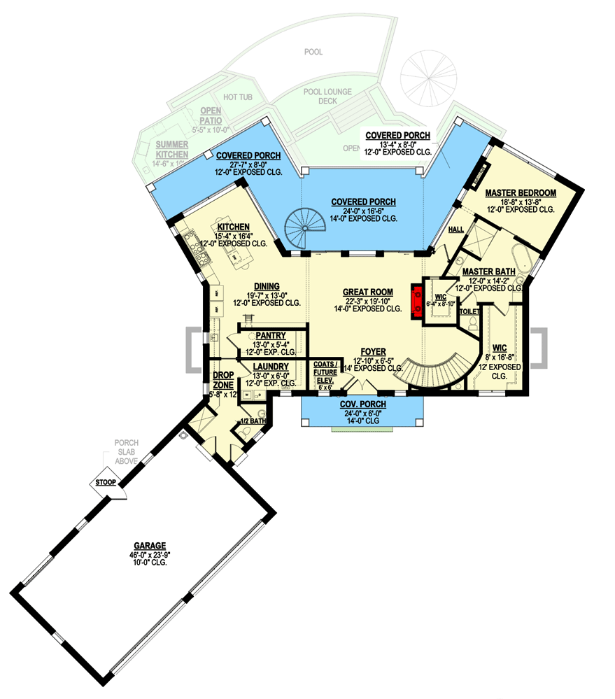 Plan 871014JEN: Contemporary Home with Angled 4-Car Garage and a Finished Walkout Basement - Floor Plan - Main Level - Contemporary, European, Mediterranean, Ranch, Southern, Transitional