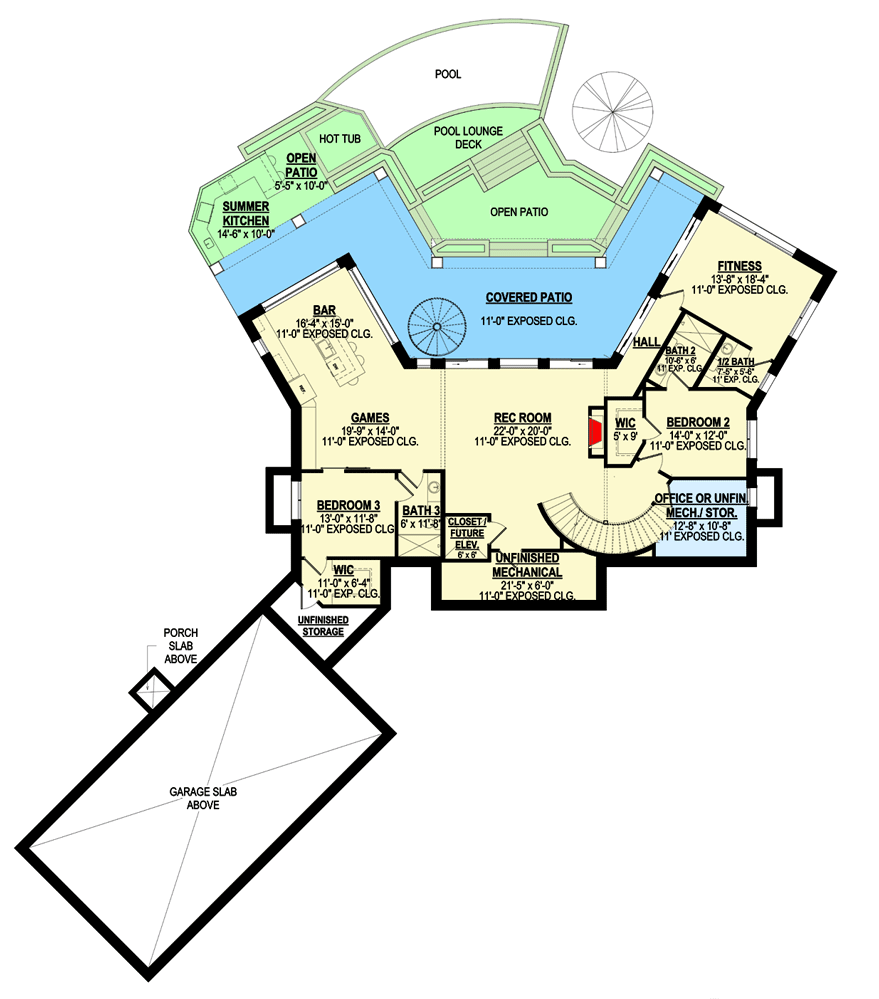 Plan 871014JEN: Contemporary Home with Angled 4-Car Garage and a Finished Walkout Basement - Floor Plan - Lower Level - Contemporary, European, Mediterranean, Ranch, Southern, Transitional