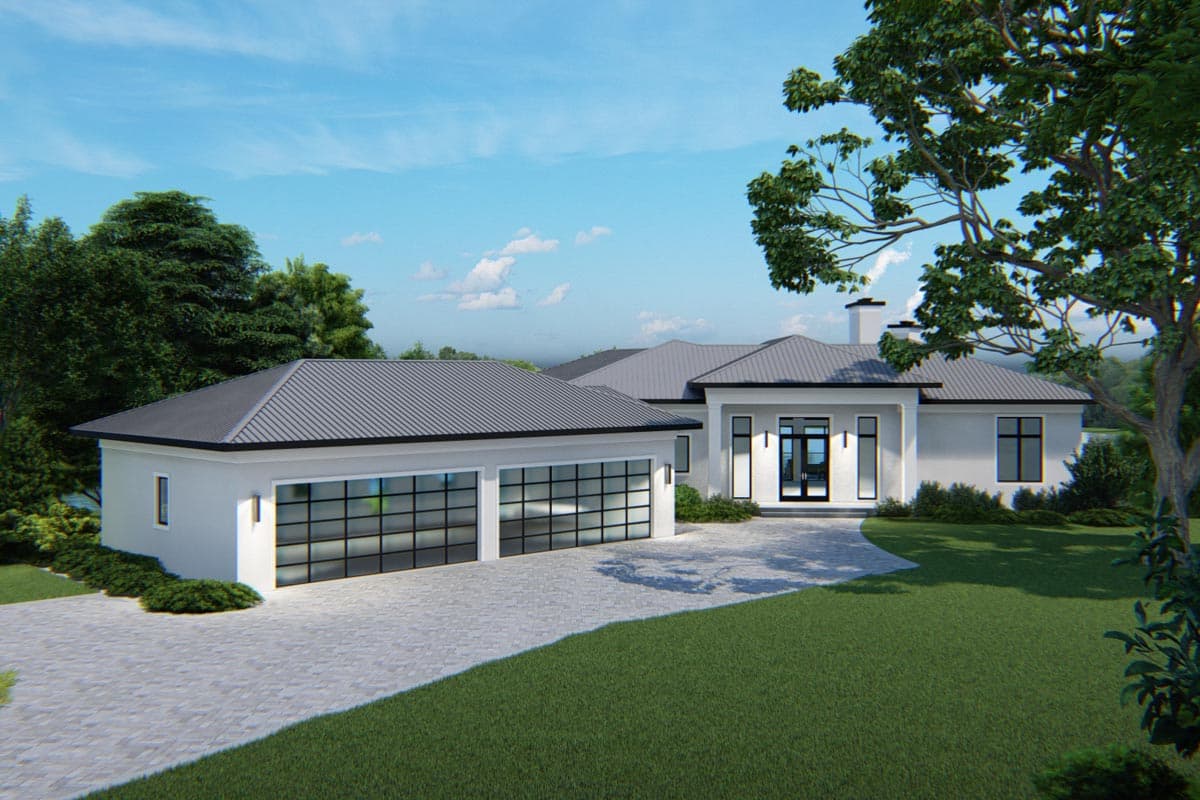 House plan exterior with modern design. Features include a two-car garage, flat roof, and a covered entry. Set on a large lot with mature trees.