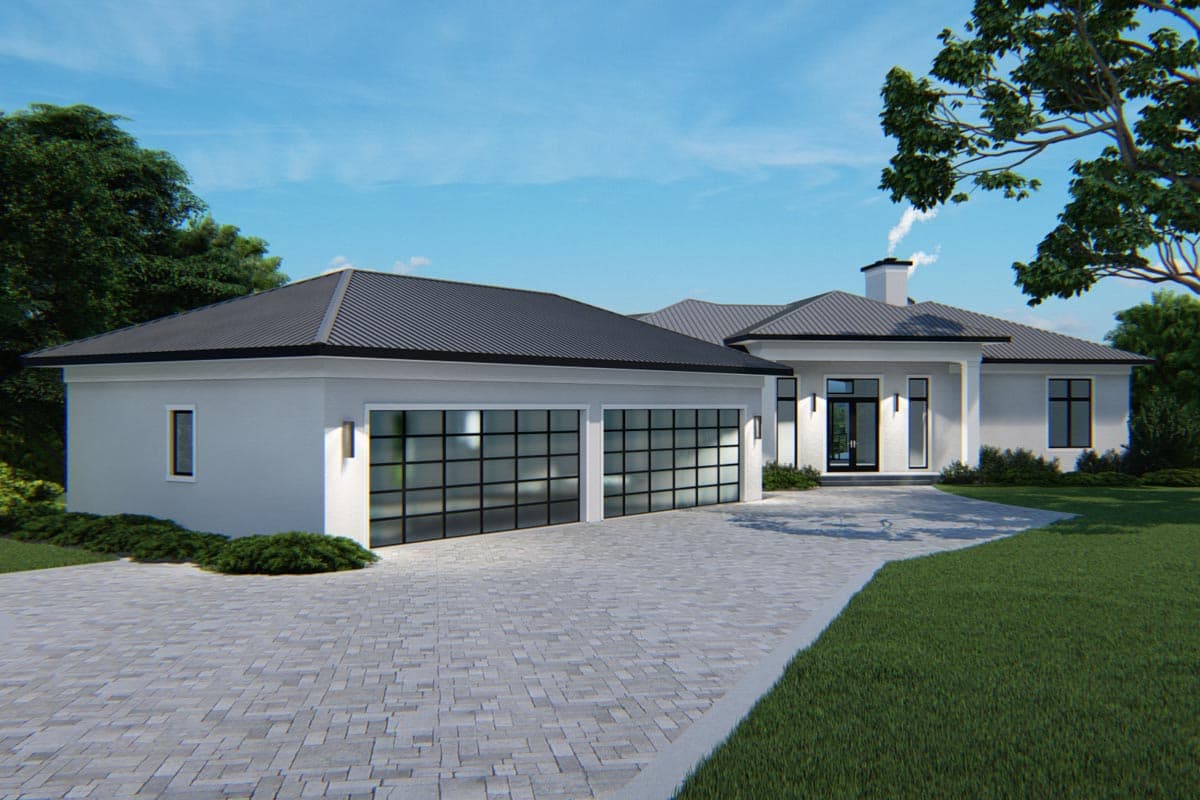 House plan exterior. Single-story modern home with a dark metal roof, attached three-car garage with frosted glass doors, and a centered entryway.