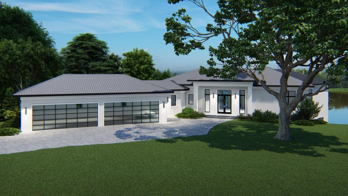 Modern house plan exterior with a metal roof, attached two-car garage with glass doors, and a covered entryway.