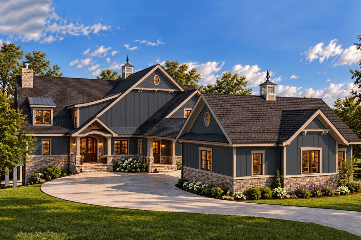 House plan exterior with stone accents, multiple gables, oval dormers, wrap-around balcony, and detached garage.