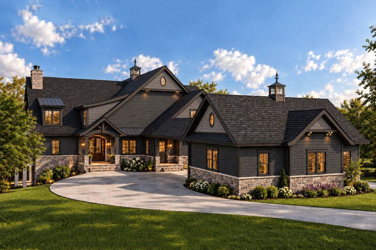 House plan exterior: Two-story home with wraparound porch, stone accents, multiple gables, and prominent chimneys.