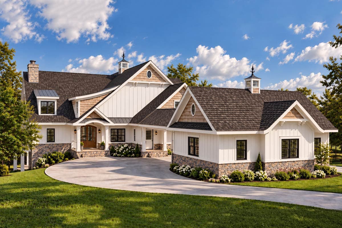 House plan exterior: two-story home with shingled gables, stone chimneys, and a wrap-around porch.
