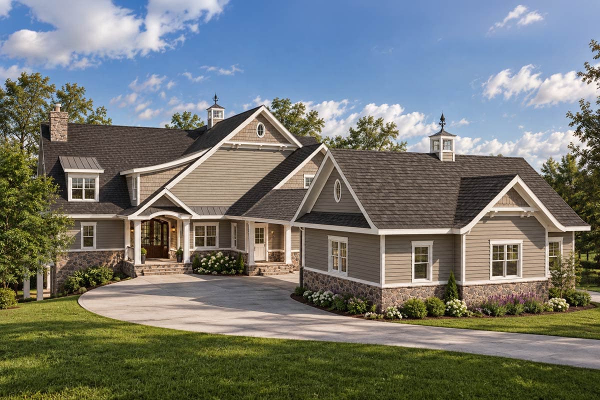 House plan exterior: Modern Farmhouse style, multiple gables, stone base, wrap-around porch with upper deck, and dormer windows.