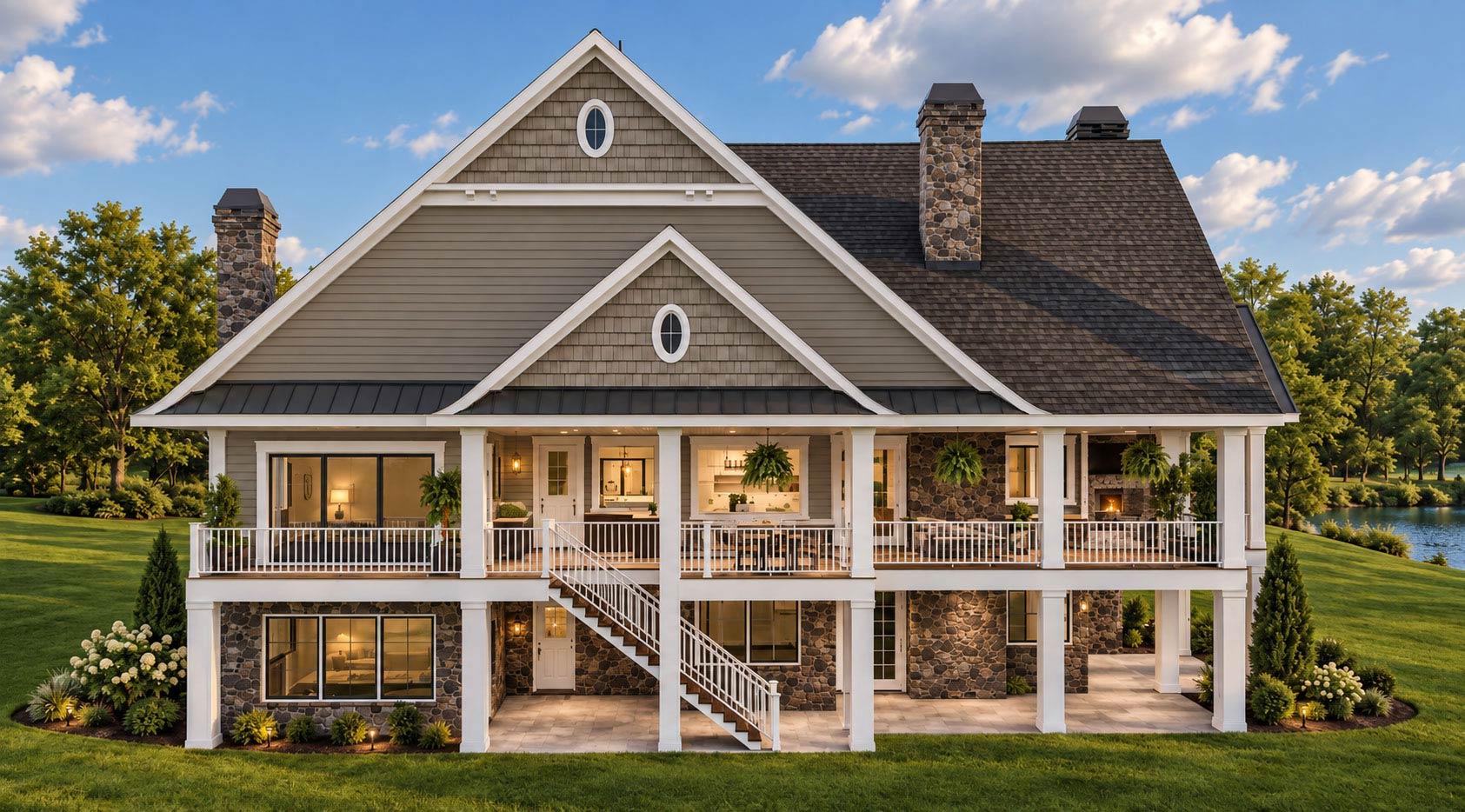 House plan exterior: Gable roof, dormer window with metal awning, stone base, siding, and chimney.