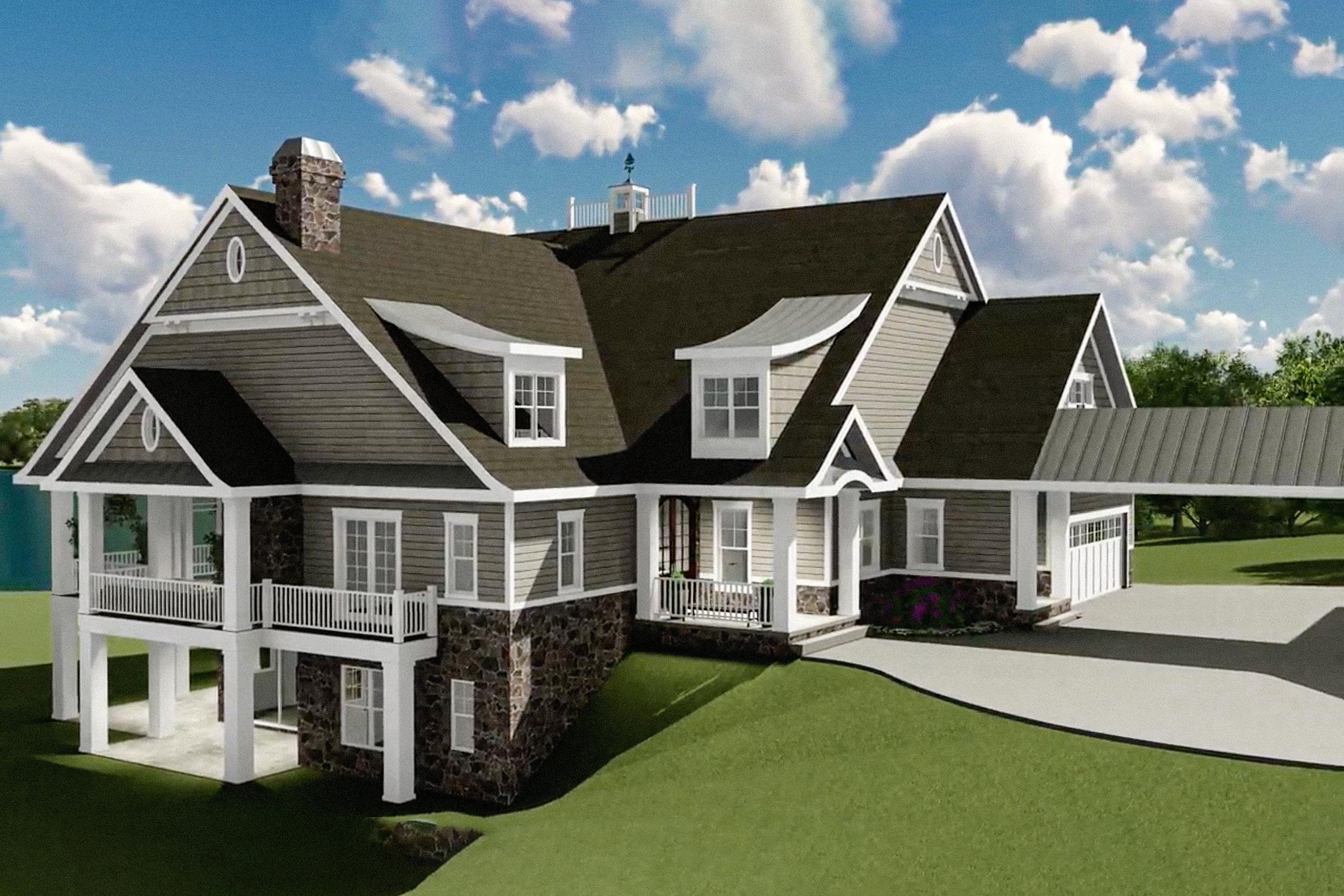House plan exterior with stone accents, covered porch, and gabled roofline. Attached garage with carport. Two stories.