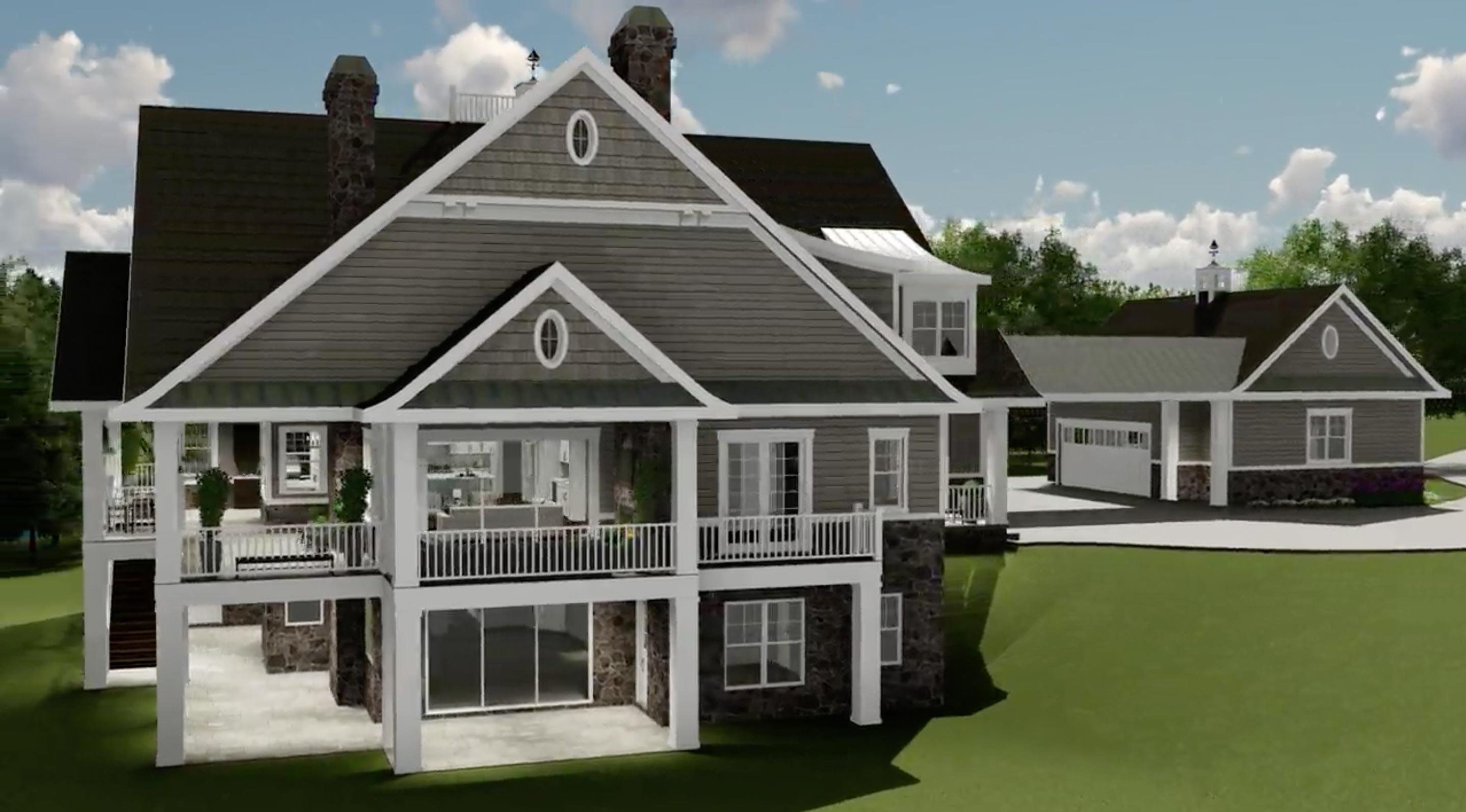 House plan exterior with stone accents, multiple gables, oval dormers, wrap-around balcony, and detached garage.