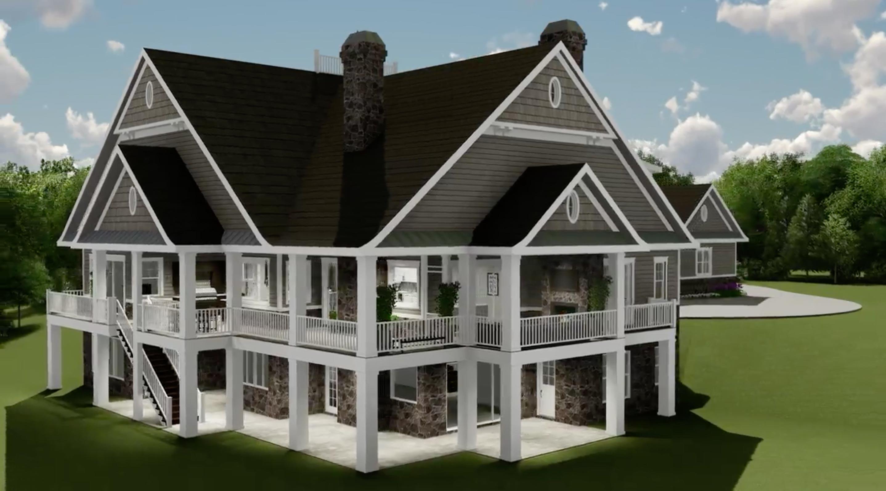 House plan exterior: Two-story home with wraparound porch, stone accents, multiple gables, and prominent chimneys.