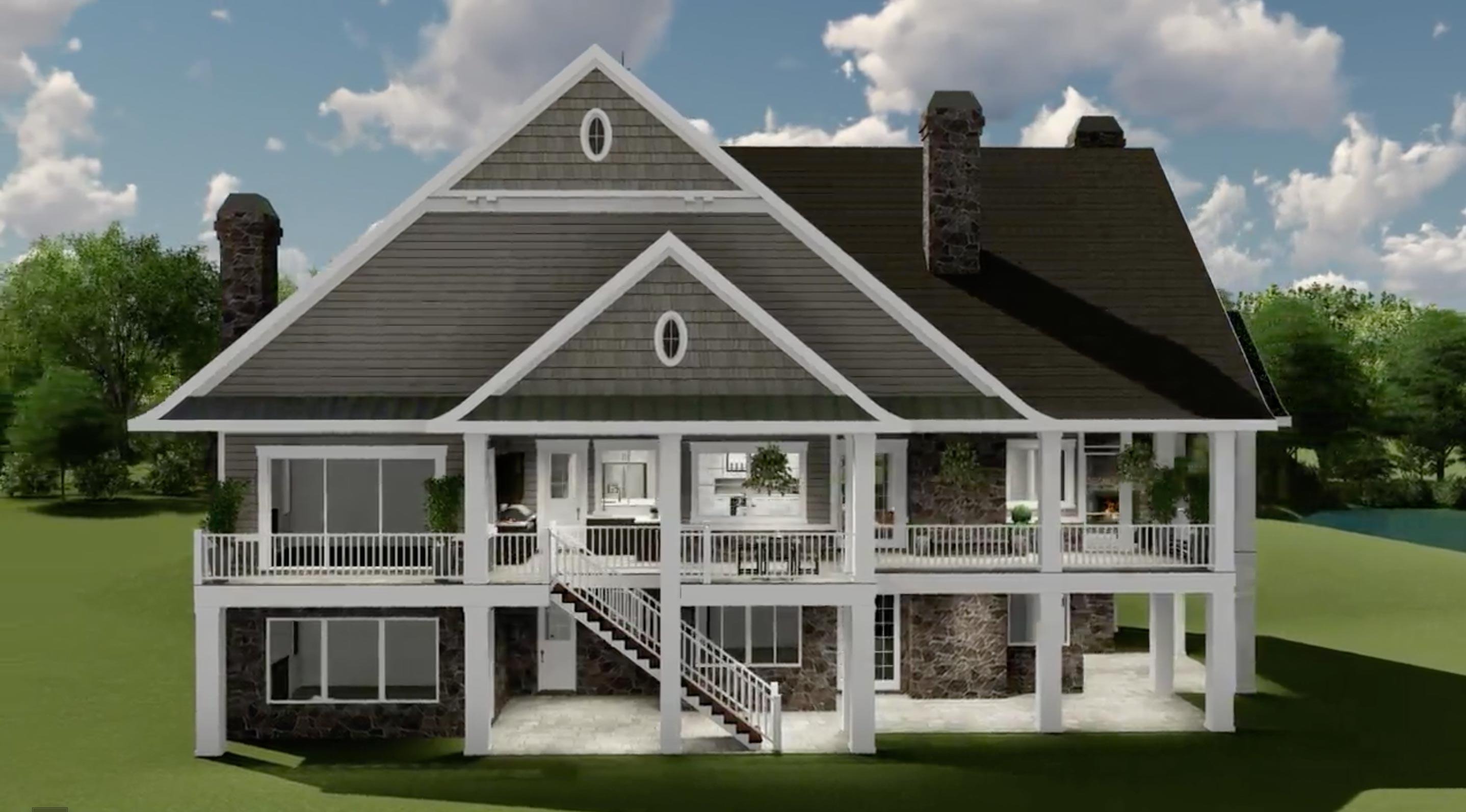 House plan exterior: two-story home with shingled gables, stone chimneys, and a wrap-around porch.