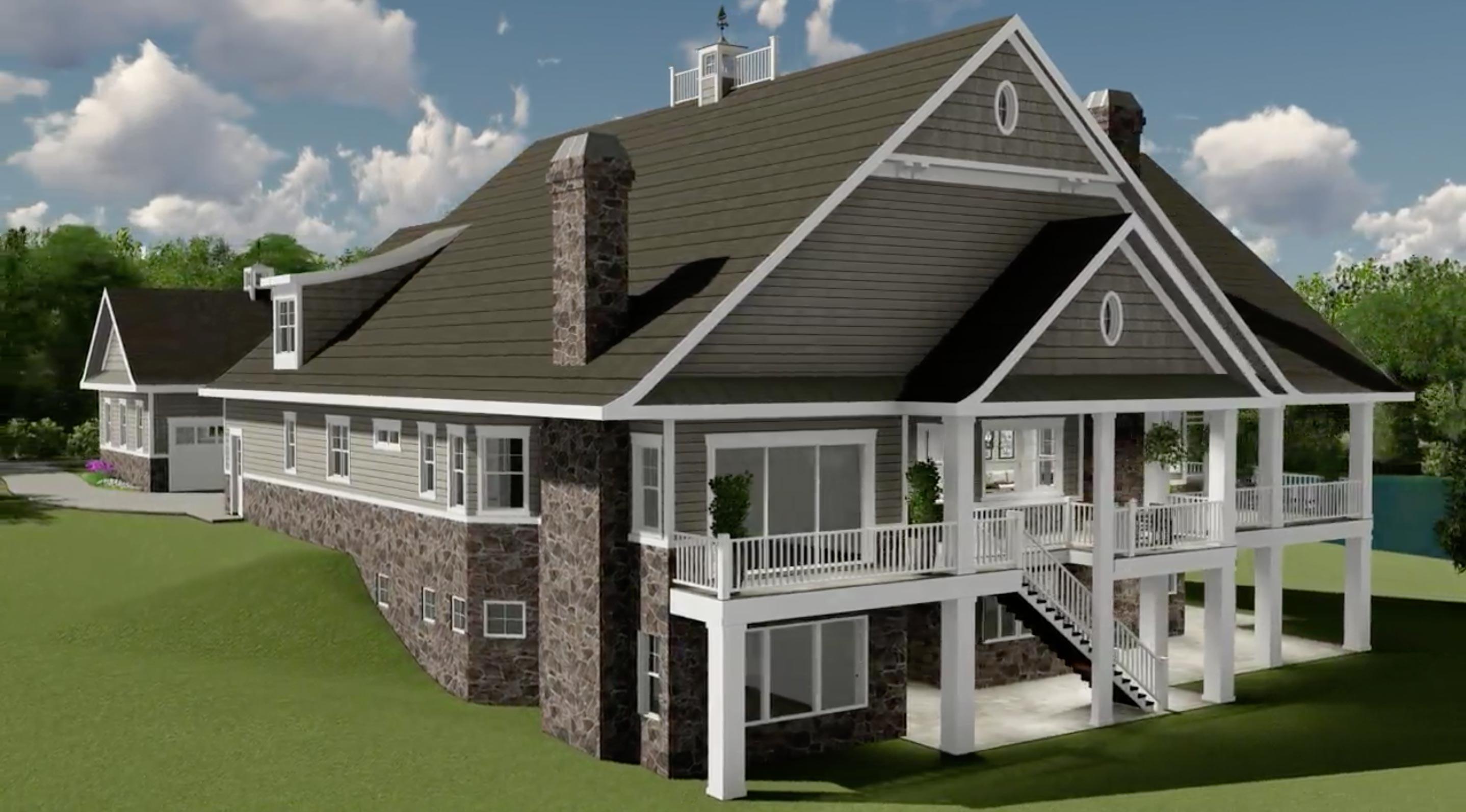 House plan exterior: Modern Farmhouse style, multiple gables, stone base, wrap-around porch with upper deck, and dormer windows.