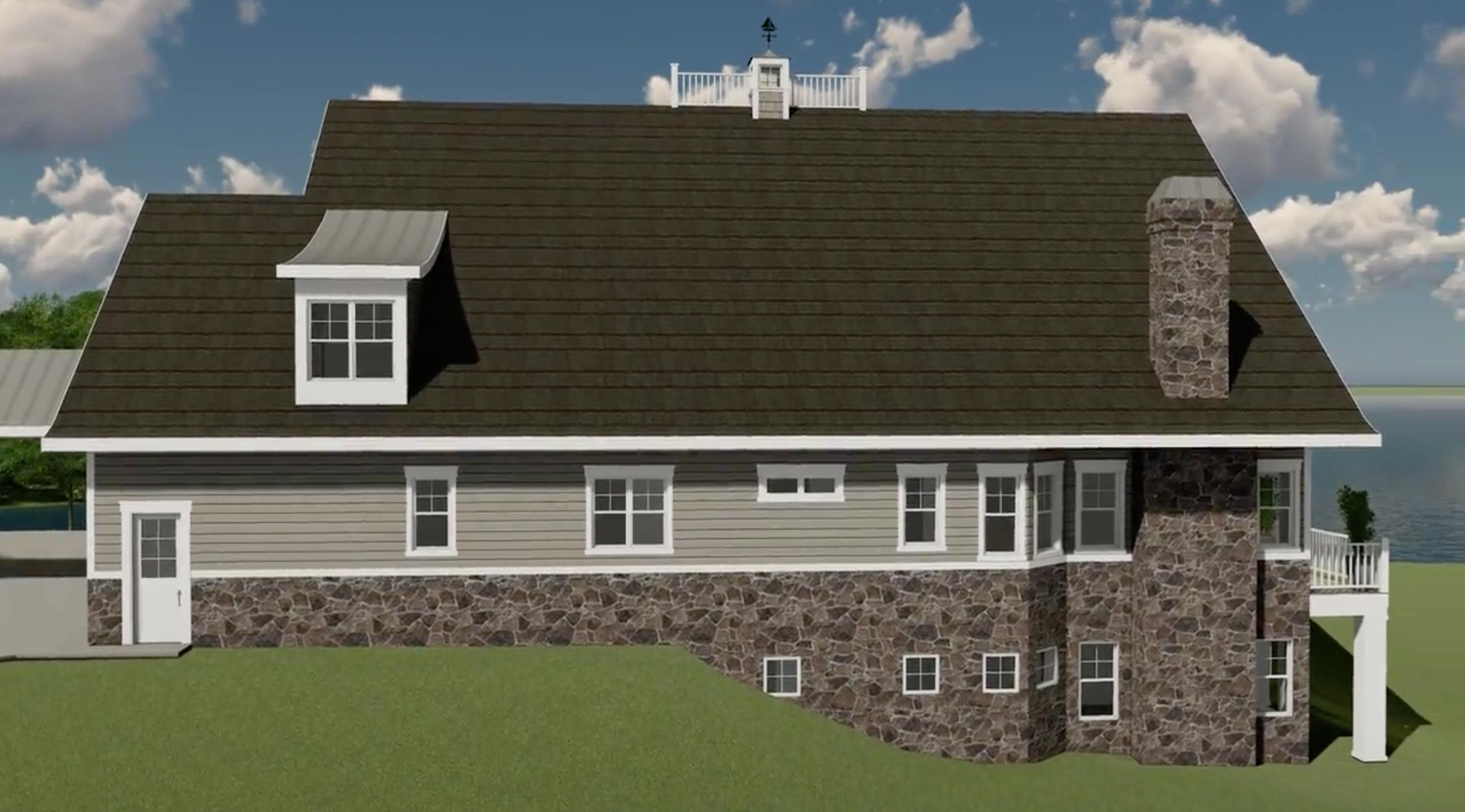 House plan exterior: Gable roof, dormer window with metal awning, stone base, siding, and chimney.