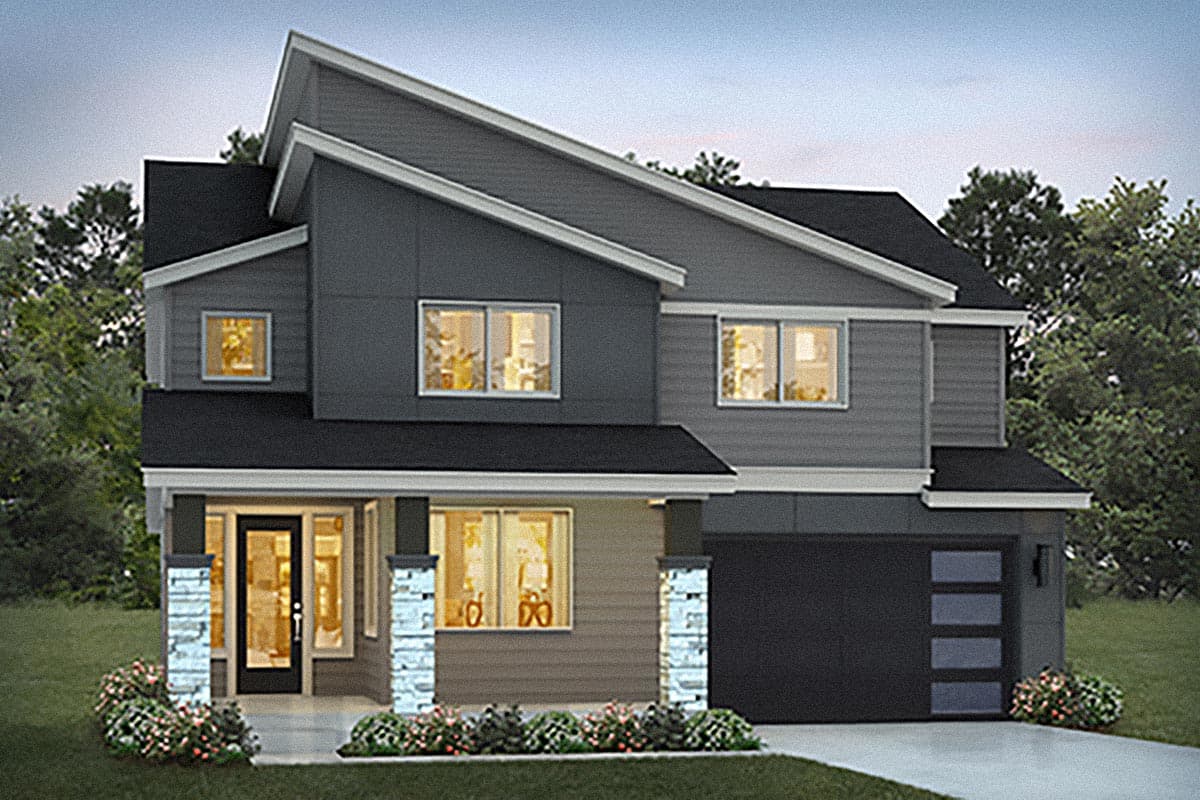 Modern house plan exterior with two stories. Features include a covered porch, mixed rooflines, and an attached garage with glass panels.