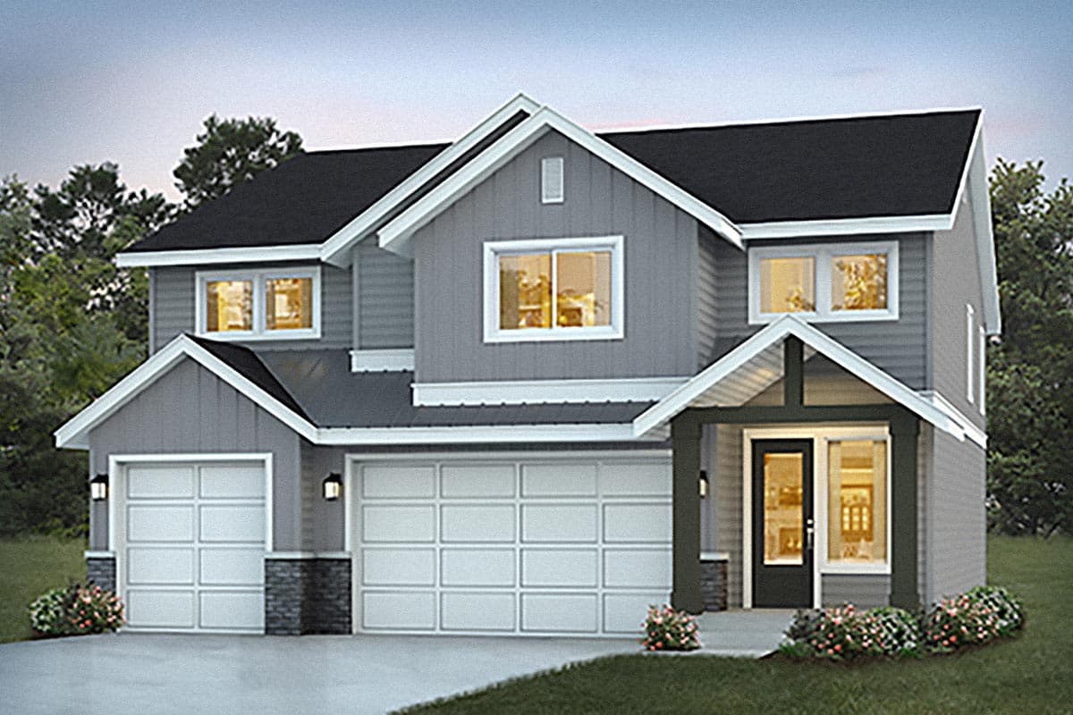 House plan exterior with two stories. Features include a gabled roof, a covered entry porch, and a two-car garage. Modern farmhouse style.
