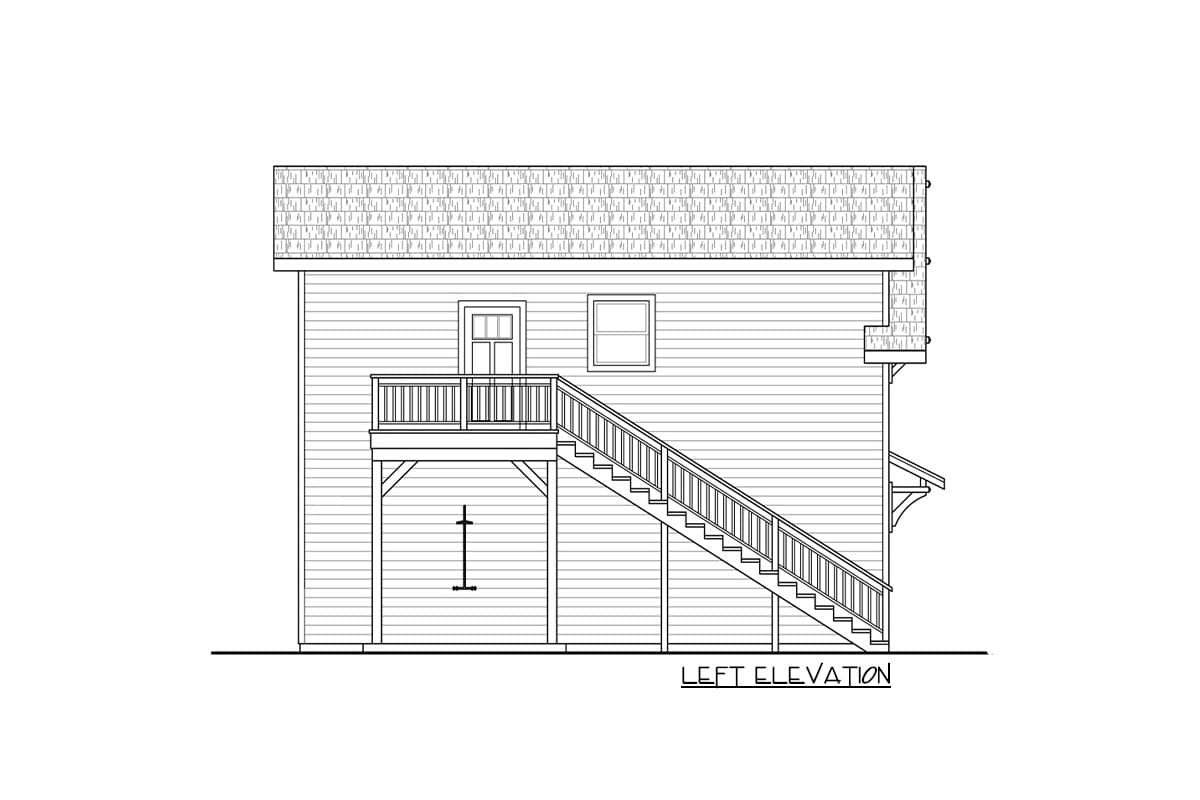 Left elevation of house plan shows clapboard siding, a deck with railing, stairs, and dormer detail.