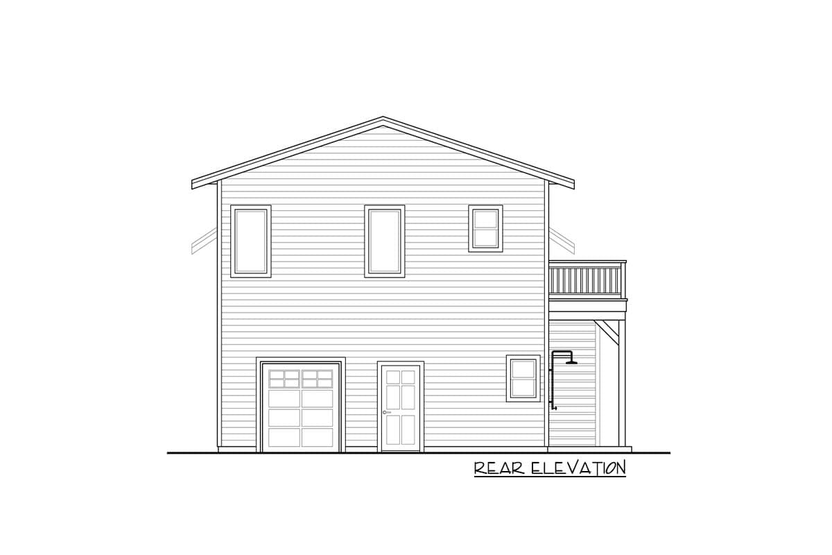 Rear elevation of a two-story house plan with a garage, main entrance, deck, and three upper-level windows.