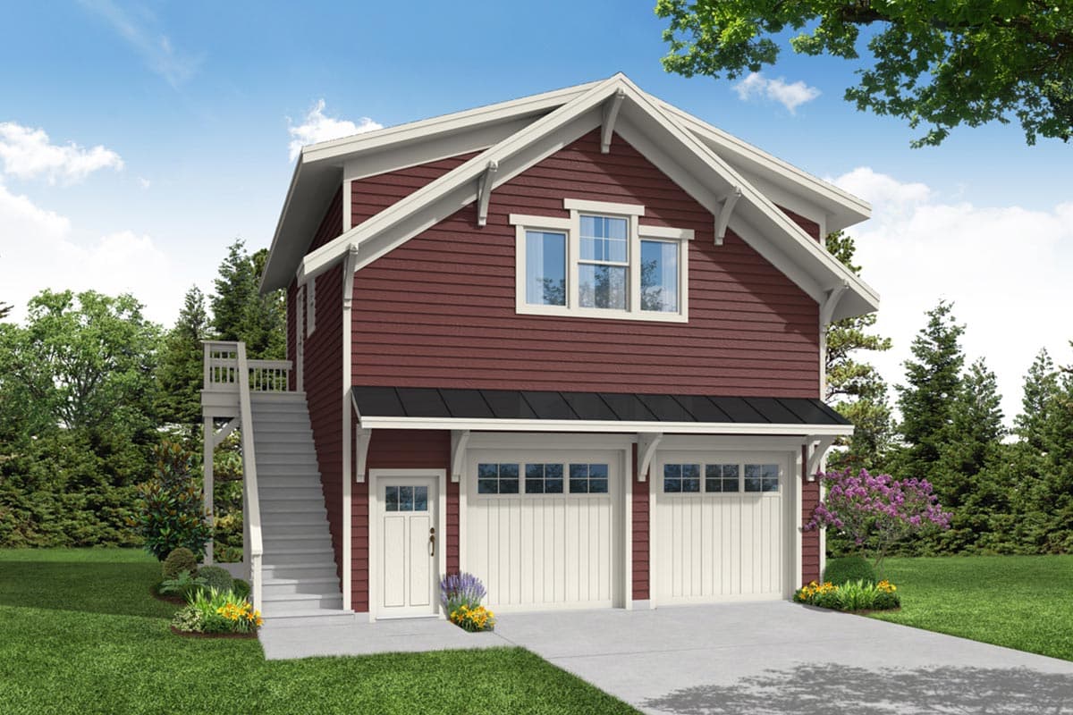 House plan exterior with two stories, Craftsman style, two-car garage, and gable roof. Includes an exterior stairwell and dormer windows.