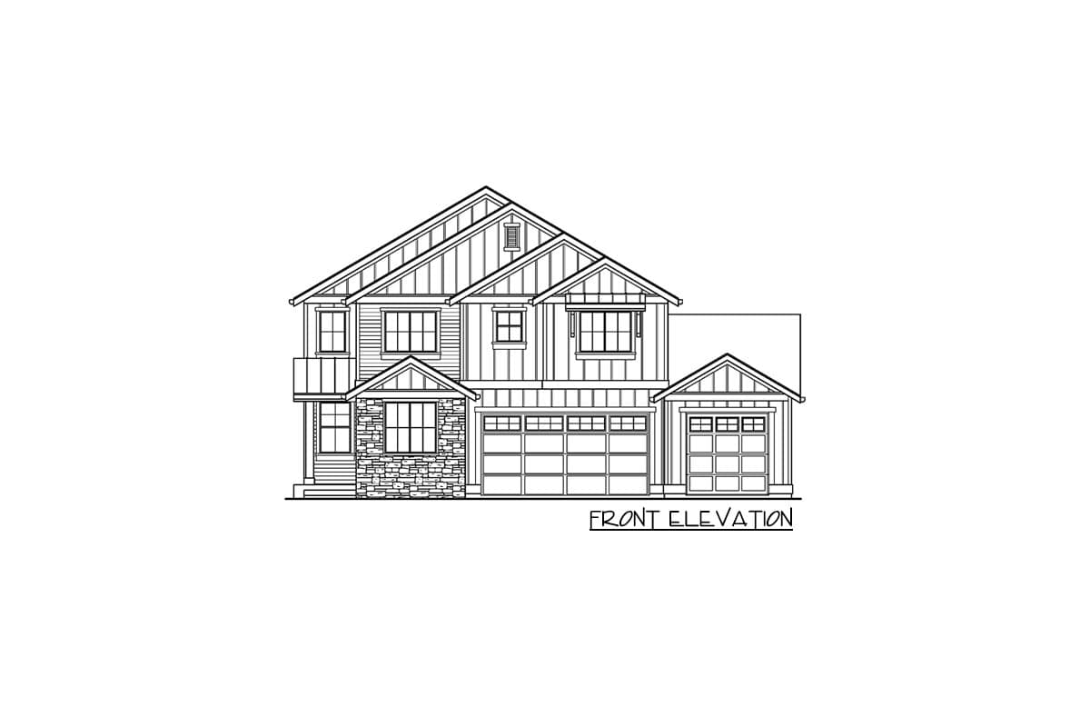 Front elevation drawing of a two-story house plan with a gabled roof, stone accents, and a three-car garage.