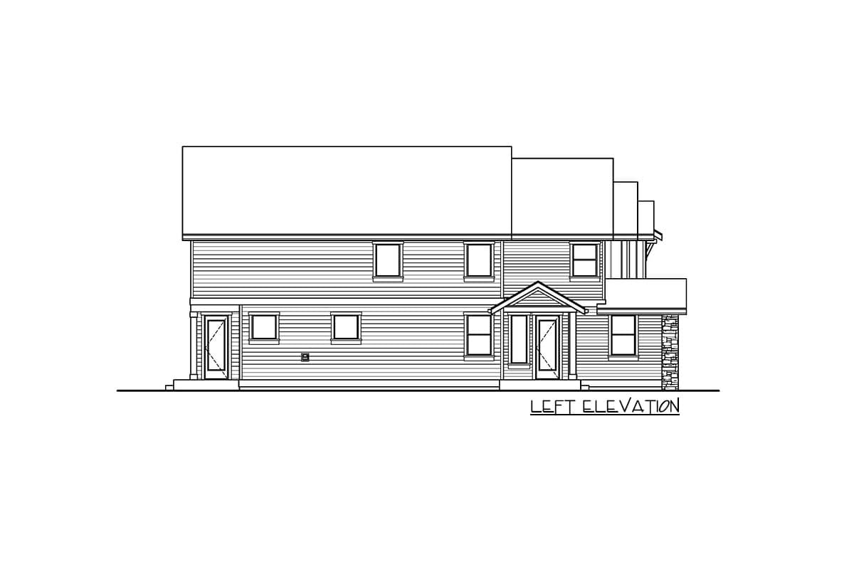Left elevation drawing of a two-story house plan with a covered entry, horizontal siding, and gabled rooflines.