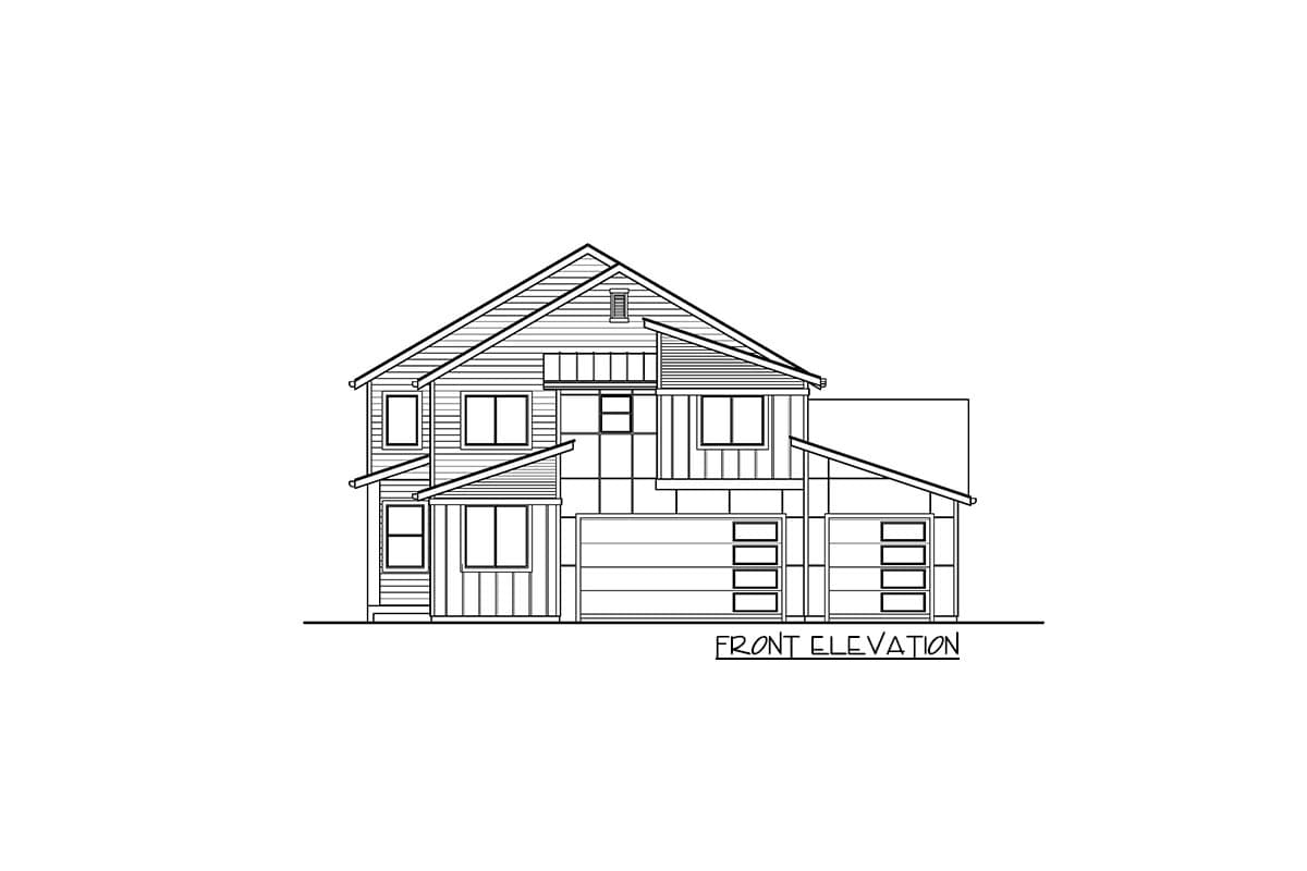 Front elevation house plan shows a two-story structure with a gable roof, multiple windows, and two attached garages.