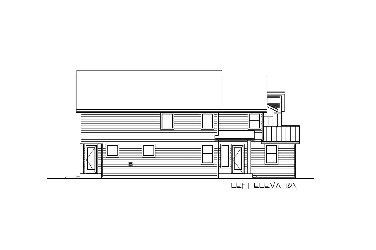 House plan left elevation showing a two-story structure with horizontal siding, multiple windows, and a balcony.