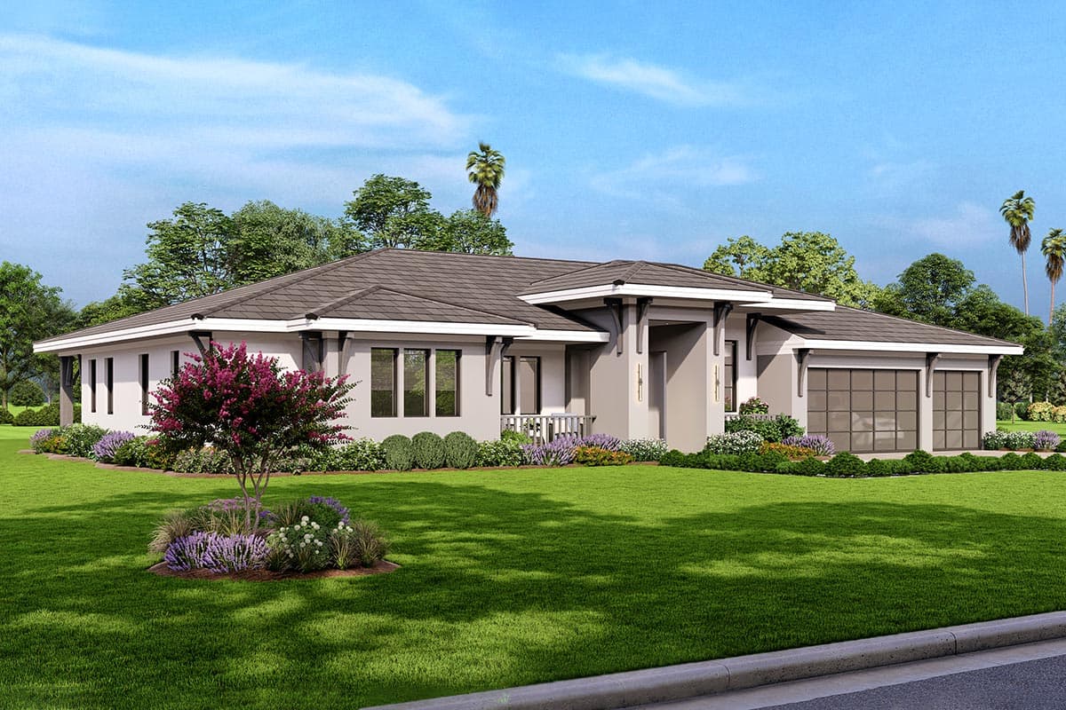 House plan exterior with low-pitched roof, horizontal orientation, and covered porch. Features include a two-car garage and decorative brackets.