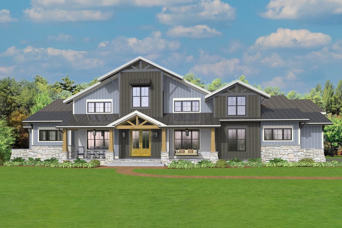 House plan exterior. Modern Farmhouse style, two stories, with gables, porch, and a combination of stone and siding exterior.