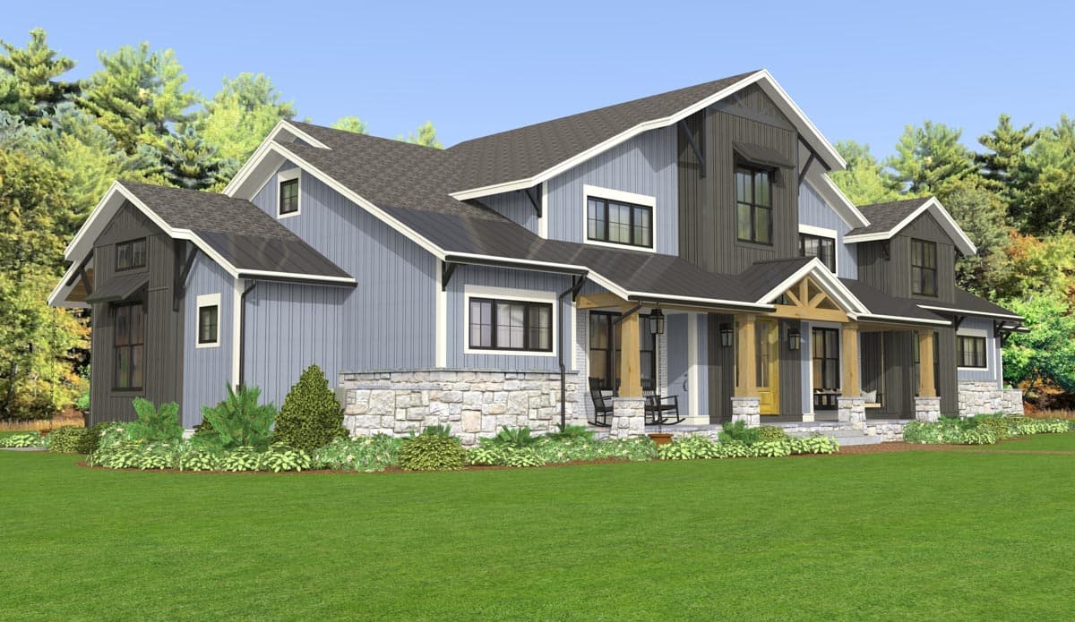 Modern Farmhouse house plan exterior with stone base, gabled dormers, and covered porch with timber supports.