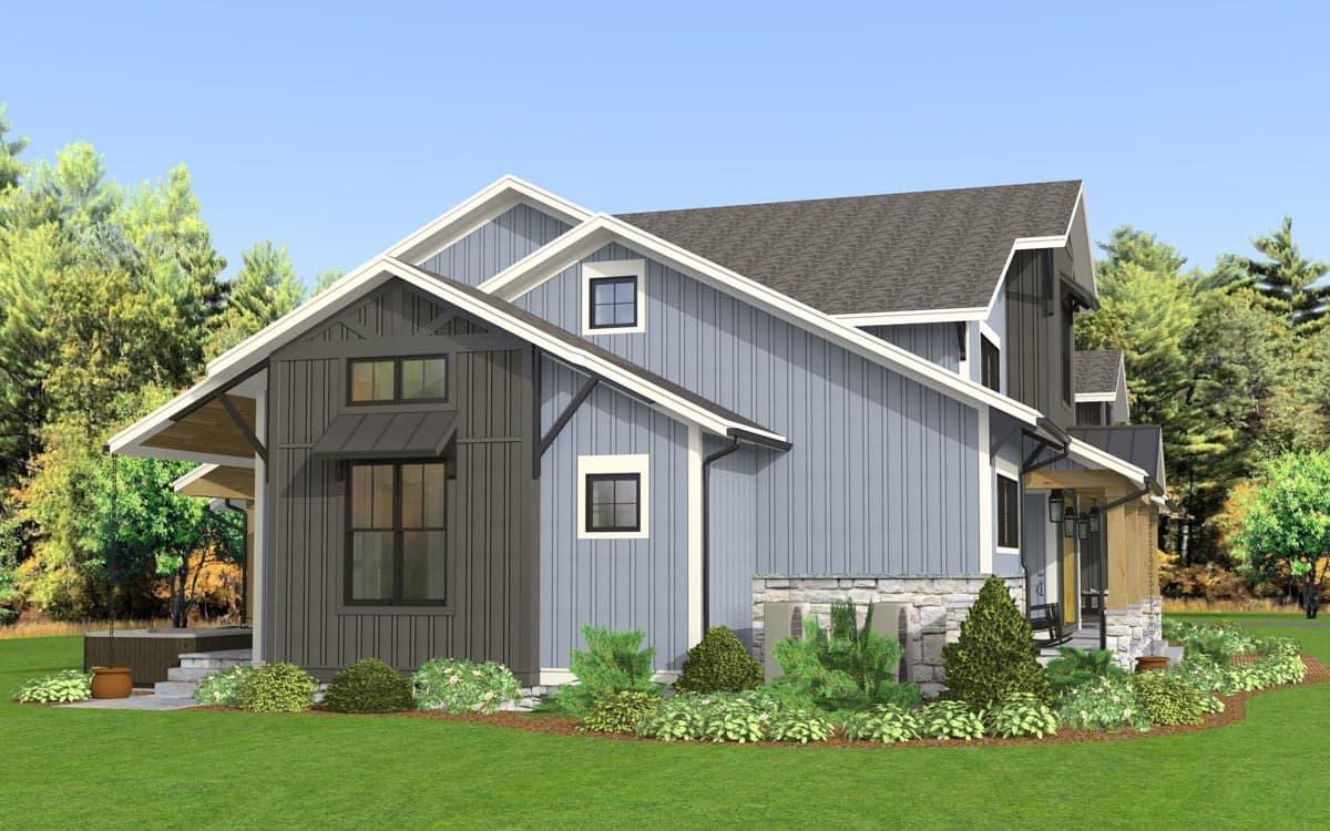 House plan exterior: Modern Farmhouse style, two stories, with gables, dormers, vertical siding, and covered front porch.