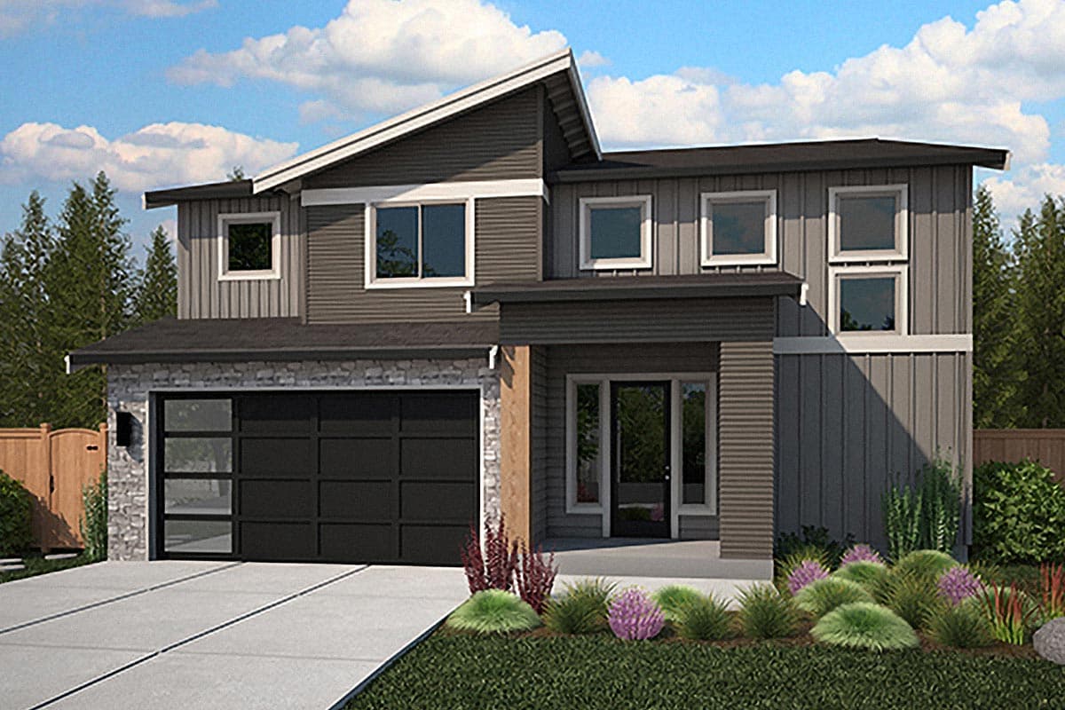 House plan exterior. Two-story modern style with gabled roof, vertical siding, and a two-car garage. Features include a covered entry.