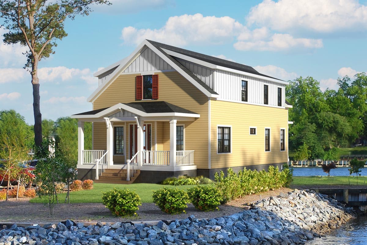 House plan exterior. Two-story house in a Cottage style. Features include a front porch, gabled roof, and dormers.