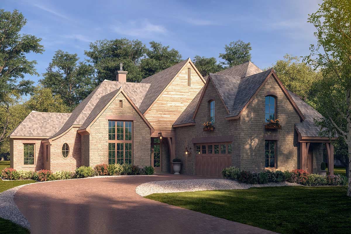 House plan exterior featuring a stone and wood facade, gabled roof, arched windows, and a side-entry garage.