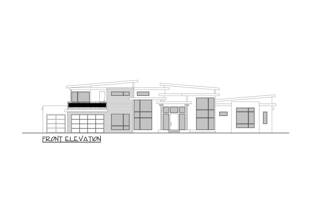 Front elevation of a two-story modern house plan with asymmetric rooflines, large windows, and a two-car garage.