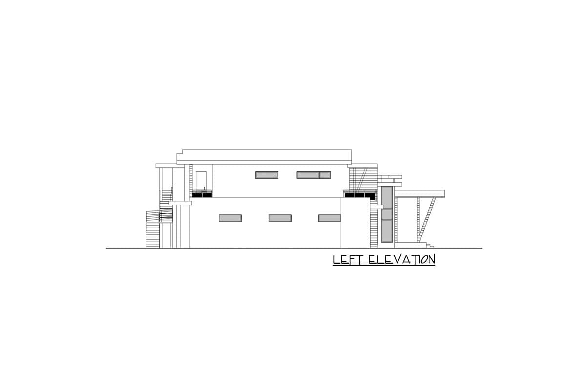 Left elevation drawing of a two-story house with a flat roof, balconies, and horizontal window bands.