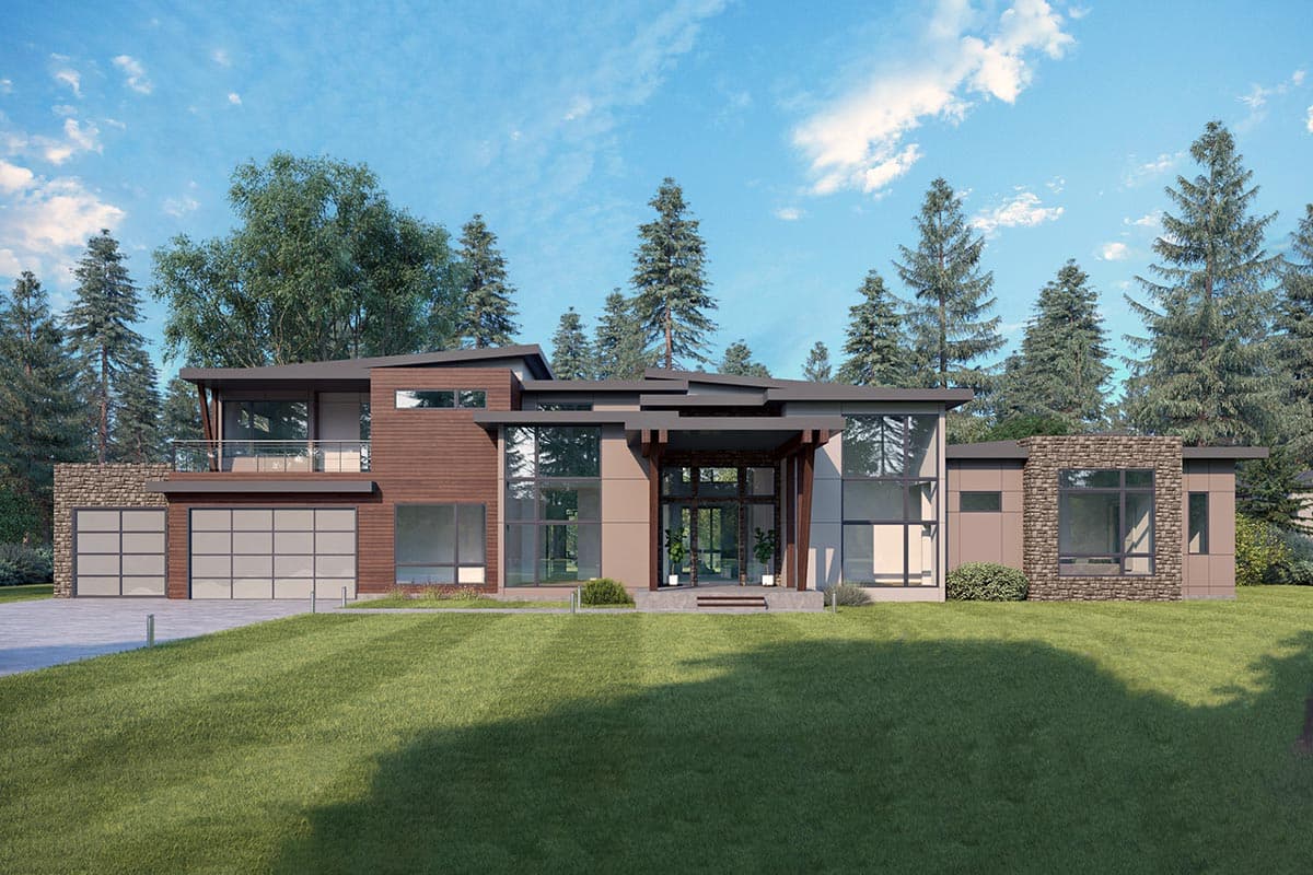 House plan exterior. Modern style, two-story home. Features include a flat roof, stone accents, floor-to-ceiling windows, and a detached garage.