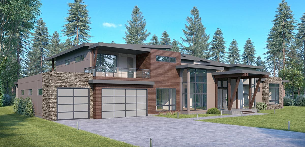 Modern house plan exterior with stone and wood facade, flat roof, and multiple garage doors.
