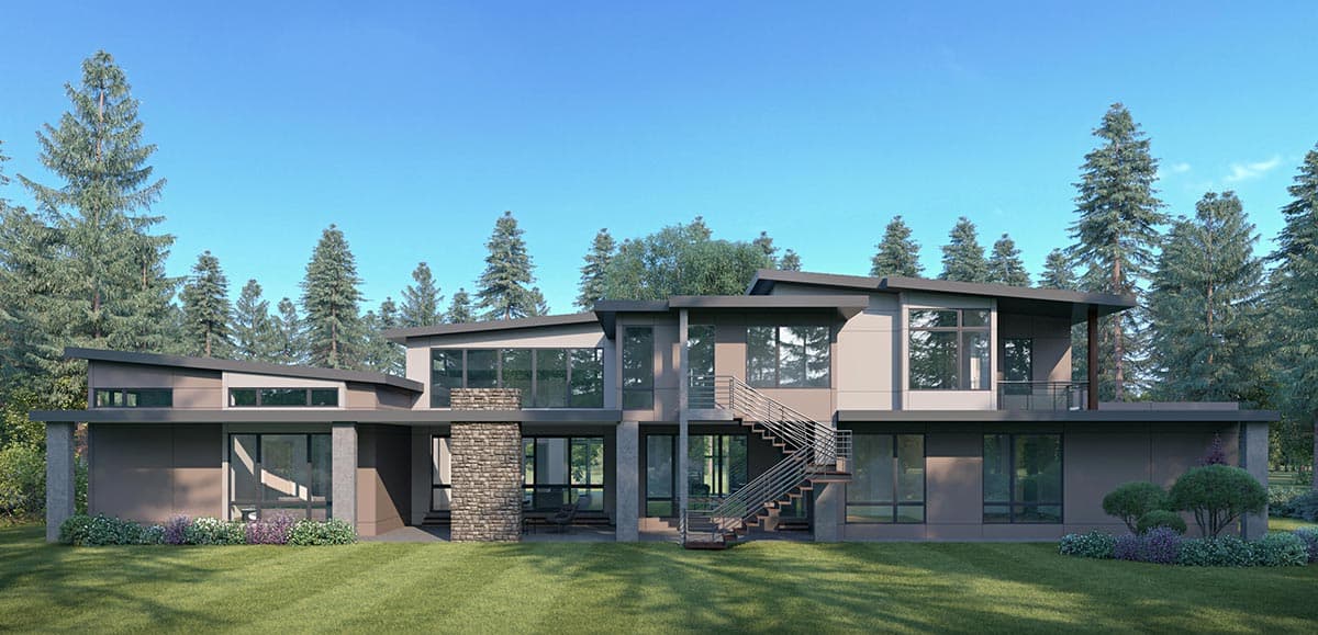 Modern house plan exterior with cantilevered sections, stone accent wall, and metal exterior stairs.