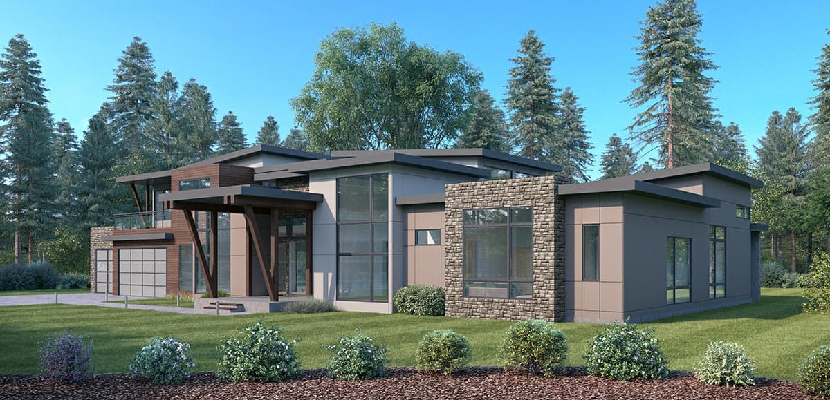 Modern house plan exterior with flat rooflines, stone and wood accents, a covered entry, and a multi-panel garage door.