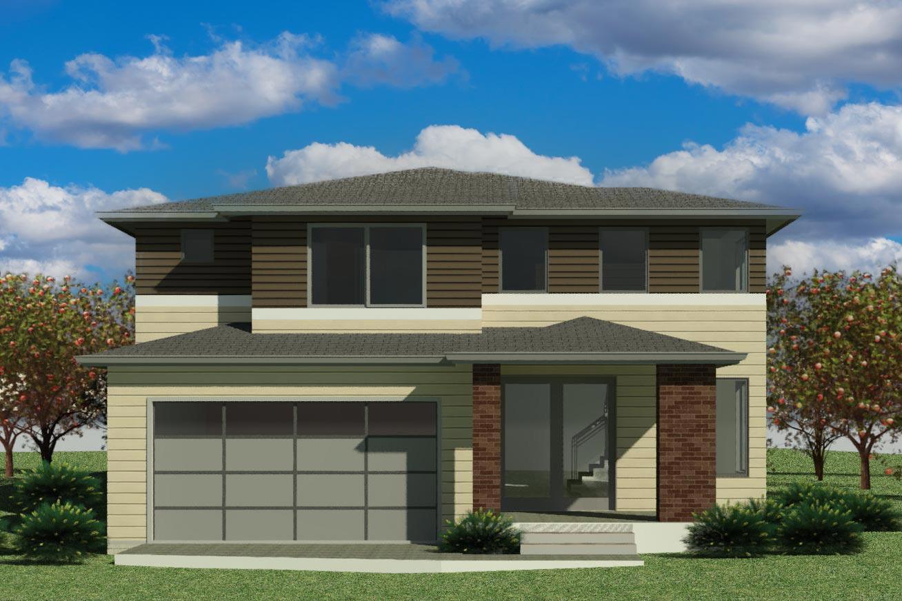 Two-story house plan exterior featuring a flat roof, horizontal siding, and a two-car garage. A front entry with brick accents is visible.