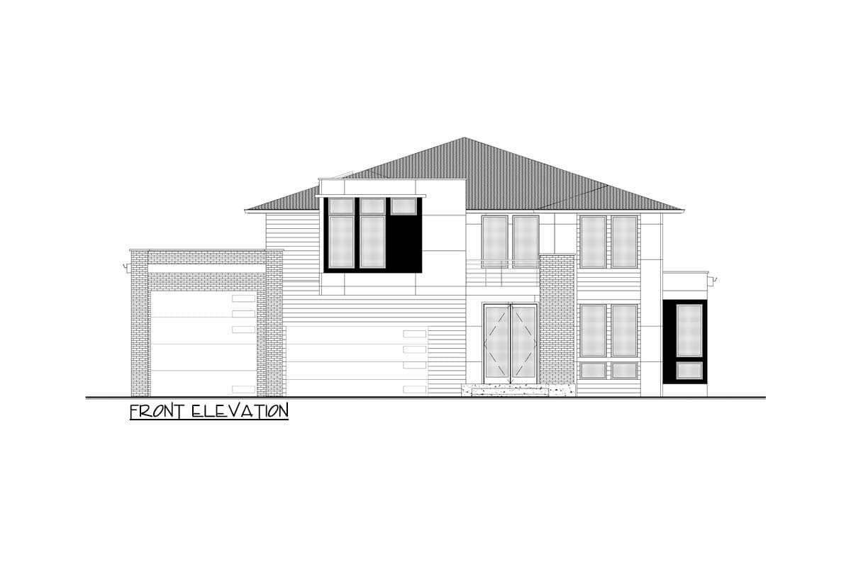 Front elevation drawing of a two-story house plan with a gable roof, attached garage, and diverse window styles.
