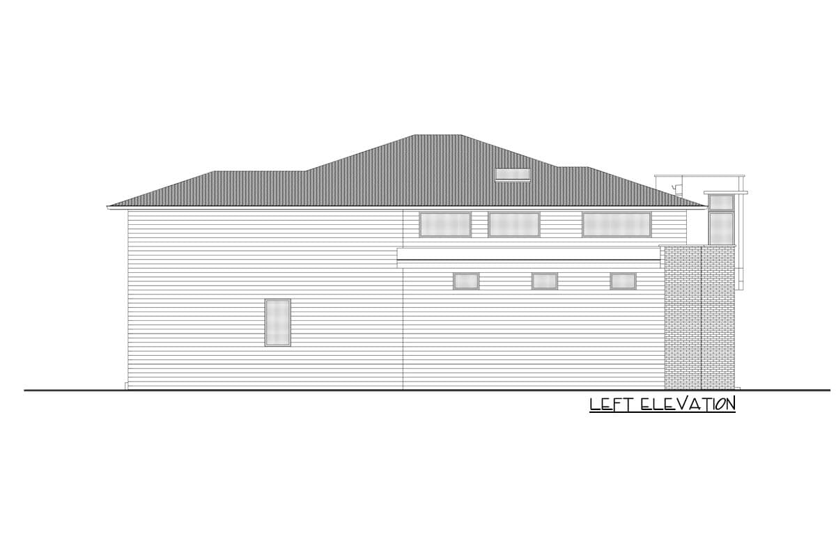 House plan left elevation drawing with horizontal siding, pitched roof, and brick chimney.