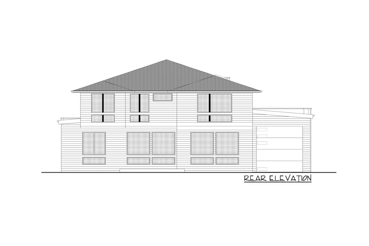 Rear elevation drawing of a two-story house plan with horizontal siding, a gable roof, and an attached two-car garage.