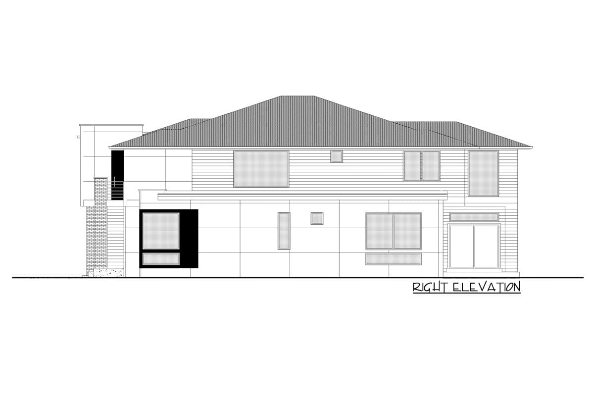 Right elevation of a two-story house plan featuring horizontal siding, a pitched roof, and varied window sizes, including a large double door.