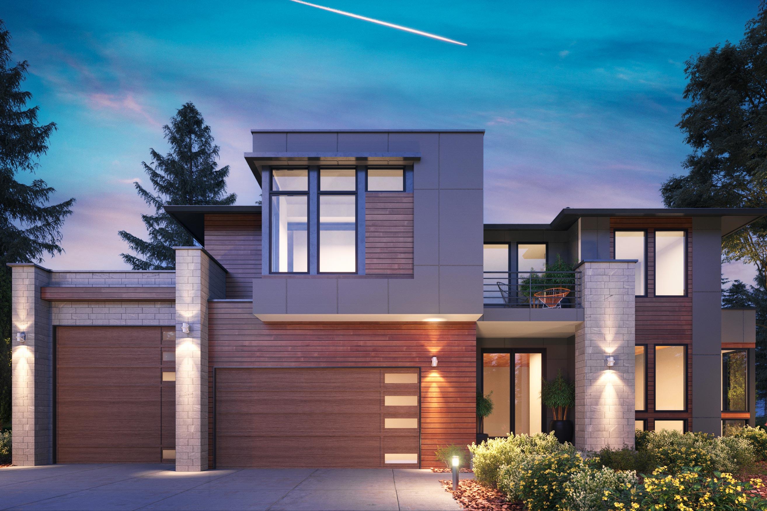 House plan exterior with two stories, flat roof, wood siding, and two-car garage. Balcony visible on the upper level.